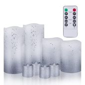Bemoment Silver Dot LED Flameless Candles 8pc Set with Remote Real Wax Glittery Safe Timer Realistic Flicker Home Event Decor