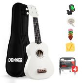 Donner Soprano Ukulele for Beginner 21 Inch Matte Ukulele Beginner Kit with Bag Strap Tuner Strings Picks Cloth, Free Online Lessons (White)