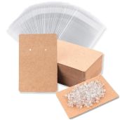 100 Earring Display Cards & 200 Earring Backs - Jewelry Packaging for Earrings & Necklaces (3.5x2.4 Inches, Brown)