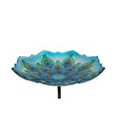 Evergreen Garden 11 Inch Glass Bird Bath Bowl and Stand Hand Painted Blue Green Peacock Feather 26 Inches Tall for Outdoors