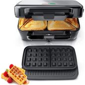 FOHERE 3 in 1 Waffle Maker Sandwich Maker 1200W Panini Press Non-stick Easy Clean with Removable Plates and Temperature Control Silver Black