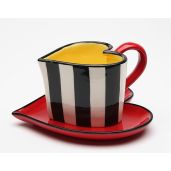 Fine Ceramic Black and White Striped Red Heart Shape Cup and Saucer Set 4-1/2 Inch Length