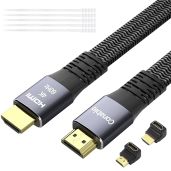 Flat HDMI Cable 20 Feet High Speed Braided Cord Pure Copper 4K 60Hz 2160p 1080p HDR HDCP 2.2 ARC Full 3D with 25 Ties and 2 Adapters