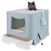 Foldable XL Cat Litter Box with Lid Jumbo Enclosed Cat Potty Top Entry Anti Splashing Easy to Clean with Litter Scoop and Brush Blue Extra Large