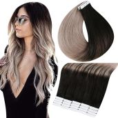 Full Shine Tape in Hair Extensions Balayage Remy Human Hair Natural Black Ombre Ash Blonde 16 Inch 50G 20 Pcs Seamless Double Sided