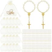 Fumete 60 Mini Rosary Favors Acrylic Beads with Organza Bags for Baptism Christening Weddings Party