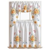 GOHD 3pcs Farmhouse Kitchen Curtain Set - Hand-Painted Sunflower & Butterfly Design on Thick Satin Fabric