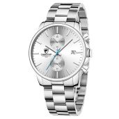 GOLDEN HOUR Men's Silver Plated Stainless Steel Waterproof Chronograph Quartz Watch with Auto Date and White Dial