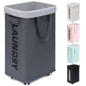 Goodpick 75L Collapsible Laundry Basket with Wheels and Removable Wash Bag for Easy Laundry Room Organization Grey
