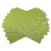 Gugrida PVC Table Mats Set of 6 - Woven Vinyl Placemats in Natural Green Leaves Design