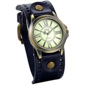 Vintage Leather Strap Wide Band Quartz Wristwatch for Men & Women - Perfect Halloween Accessory in Blue
