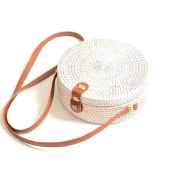 Handmade Kbinter Round Rattan Bag for Women - Chic Boho Shoulder Purse with Leather Straps - Large White Bali Style