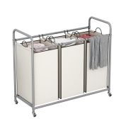 LINZINAR 3-Bag Laundry Sorter with Rolling Lockable Wheels and Removable Bags for Easy Laundry Organization Beige