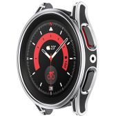 LOKEKE Compatible with Samsung Galaxy Watch 5 4 44MM PC Protective Watch Case Cover with Tempered Glass Screen Protector(Black + Silver)