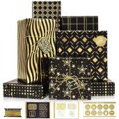 Larcenciel Metallic Black Gold Foil Gift Wrapping Paper Set 6 Sheets with Tags and Stickers for Birthdays Anniversaries and Graduations
