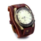 MINILUJIA Vintage Retro Punk Men's Wrist Watch - Big Face Bronze Dial & Wide Genuine Leather Cuff Band