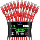 Maximm Cat 6 Ethernet Cable 2ft (20-Pack) - High-Speed 10Gbps LAN & Network Cables - Red UTP Patch Cord