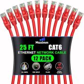 Maximm Cat 6 Ethernet Cable 25 Ft (12-Pack) - High-Speed LAN & Internet Patch Cable - UTP Red Network Cable