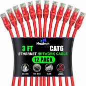 Maximm Cat 6 Ethernet Cable 3ft (12-Pack) - High-Speed 10Gbps LAN & Network Cables - Red UTP Patch Cords for Fast Internet