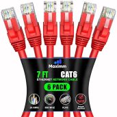 Maximm Cat 6 Ethernet Cable 7ft (6-Pack) - High-Speed 10Gbps LAN & Network Cables - Red UTP Patch Cord