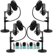 Movo PodPak4T 4-Pack Universal XLR Podcast Microphone Bundle- Includes 4 Cardioid Condenser Mics, Desktop Mic Stands, Pop Filters, Shock Mounts, and Cables for Podcast Equipment