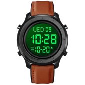 PASOY Mens Big Dial Digital Leather Watch Simple Large Display Countdown Alarm Stopwatch LED Backlight Black Dial Business Multifunction Watches