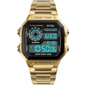 PASOY Men's Gold Digital Watch: Waterproof Stainless Steel Sports Watch with Alarm & Stopwatch