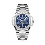 PINDU Men's Luxury Diamond Case Navy Blue Analog Tourbillon Watch Stainless Steel Strap Square Mechanical Watch 24 Hours of The Week Moon Phase Month