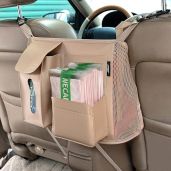 Beige Pocket Handbag Holder & Purse Hook for Car - Leather Seat Back Organizer for Pets & Kids