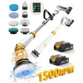 Qimedo Q2 Pro Electric Spin Scrubber with Two Batteries High Power 1500 RPM Cordless Cleaning Brush for Tub Tile Floor with Display and 8 Brushes