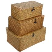 Rattan Storage Basket Makeup Organizer with Lid - Stylish & Versatile Containers (S/M/L) for Home & Office