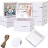 Roowest 50 Sets Kraft Gift Boxes Rectangle Drawer Box with Window for Soap Jewelry Candy Wrapping Party Favor White 6.5 x 6.5 x 2 Inch