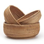 Round Rattan Fruit Baskets Set of 3 Woven Storage Bowls Key Holder Stackable for Kitchen Tabletop Natural Design