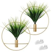 SAJANDAS Set of 2 Wall-Mounted Artificial Plants with Gold Metal Hoop - Modern Home Decor for Bedroom & Living Room