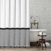Seasonwood Black & White Striped Shower Curtain with Tassels - 72x72 Heavy Weighted Bathroom Decor