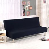 "Solid Black Armless Sofa Bed Cover - Stretch Polyester Futon Slipcover for 3 Seater Couch (80"x50")"
