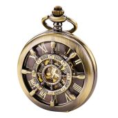 TREEWETO Bronze Pocket Watch - Double Cover Skeleton Dial with Roman Numerals for Men & Women