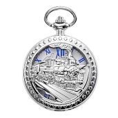 Antique Mechanical Pocket Watch for Men & Women - Skeleton Silver Case, Steam Train Design, Roman Numerals