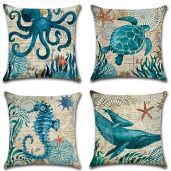 ULOVE Mediterranean Throw Pillow Cases - Nautical Sea Theme 18x18 Inch Cotton Linen Covers (4 Pack) for Coastal Decor