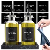 Verspace Olive Oil Dispenser Bottle Set of 2 with Silicone Tray and 40 Labels for Kitchen Use Soy Sauce and Coffee Syrup Dispenser Black