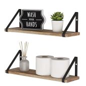 Wallniture Floating Shelves Set of 2 - Rustic Wood Bathroom & Home Decor Storage with Black Brackets