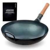 "YOSUKATA 14" Blue Round Bottom Wok Pan - Traditional Hammered Carbon Steel for Authentic Chinese & Japanese Cooking"