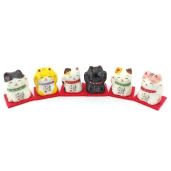 Yakushigama Mini Maneki Neko Set: 6 Antique Black Porcelain Cat Figurines for Good Luck
