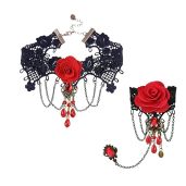 Youniker Gothic Choker Necklace & Bracelet Set for Halloween Steampunk Costume - Vintage Black Lace & Rose Beads Jewelry