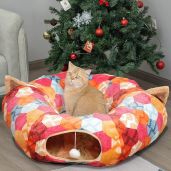 AUOON Cat Tunnel Bed with Central Mat Soft Plush Full Moon Shape Playground for Kittens Cats Puppies Rabbits Ferrets Orange