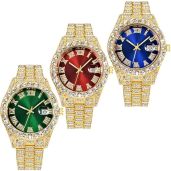 CdyBox 3 Pack Men Hip Hop Watches with Roman Scale Calendar and Crystal Rhinestone Stainless Steel Iced-Out Design