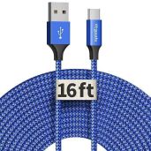 16ft USB C Cable - Fast Charging Nylon Braided USB-A to Type C for Phones & Tablets - Extra Long, Durable & Stylish Blue