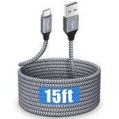15ft Long USB Type C Cable - Fast Charging Nylon Braided Cord for Samsung, LG, Moto, Google & More