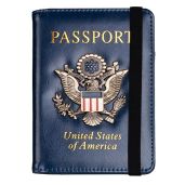 TOURSUIT RFID Blocking Leather Passport Holder for Travel with 3D Metal Badge Dark Blue Travel Document Wallet for Men and Women