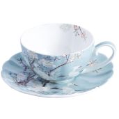 Ufengke 8oz Blue Fine Bone China Coffee Cup & Saucer - Elegant White Flowers & Crane Design
